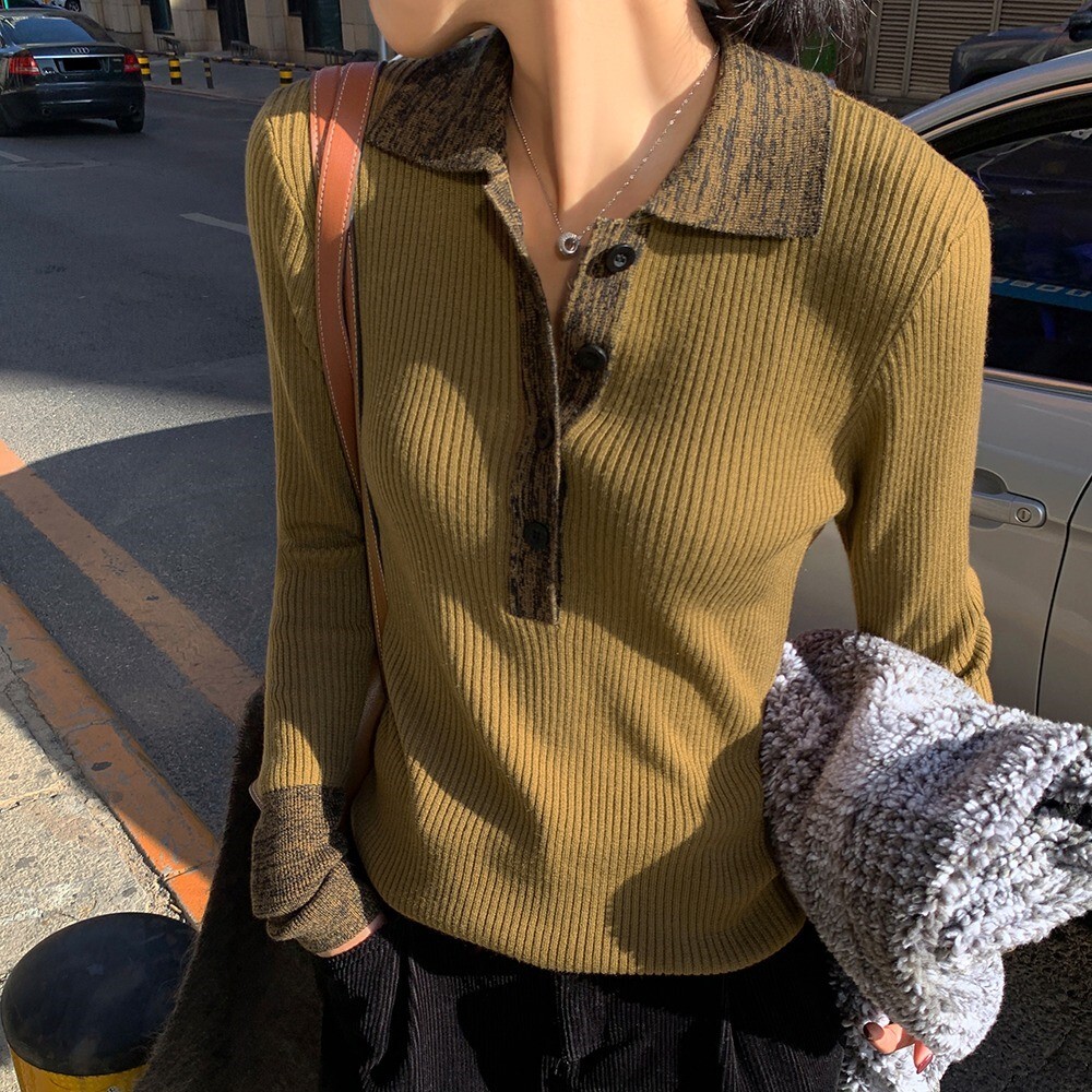 トップス カットソー ニット レディース 長袖 襟付き 角襟 ポロカラー タイト スリム 細身 ストレート 切り替え リブニット 伸縮性 ボタン 切り替えデザイン バイカラー 配色 リブニット