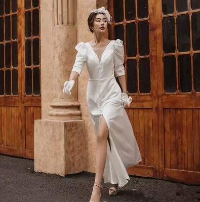 ドレス ワンピース ウェディング パーティー 結婚式 二次会 披露宴 演奏会 発表会 ステージ フォーマル キャバ 衣装 演劇 クラブ マキシ 半袖 ボリューム カシュクール スレンダー 細身