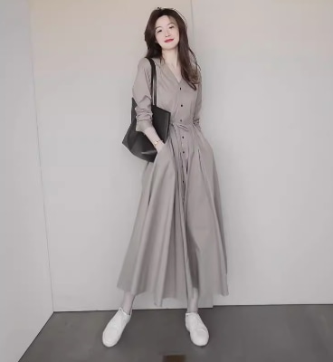 レディース スカート ワンピース シャツ ブラウス ドレス シャツワンピ フレア ロング 長袖 Vネック 襟なし フレア Aライン フェミニン タック ポケット ハイウエスト 前開き ボタン 薄手