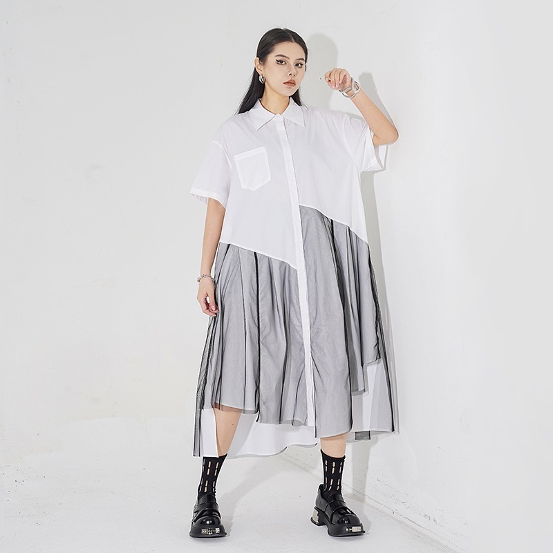 日韓ファッションpolo襟不規則糸網つなぎワンピース夏の新型切り替えカジュアル通勤ロングワンピース 5,251円