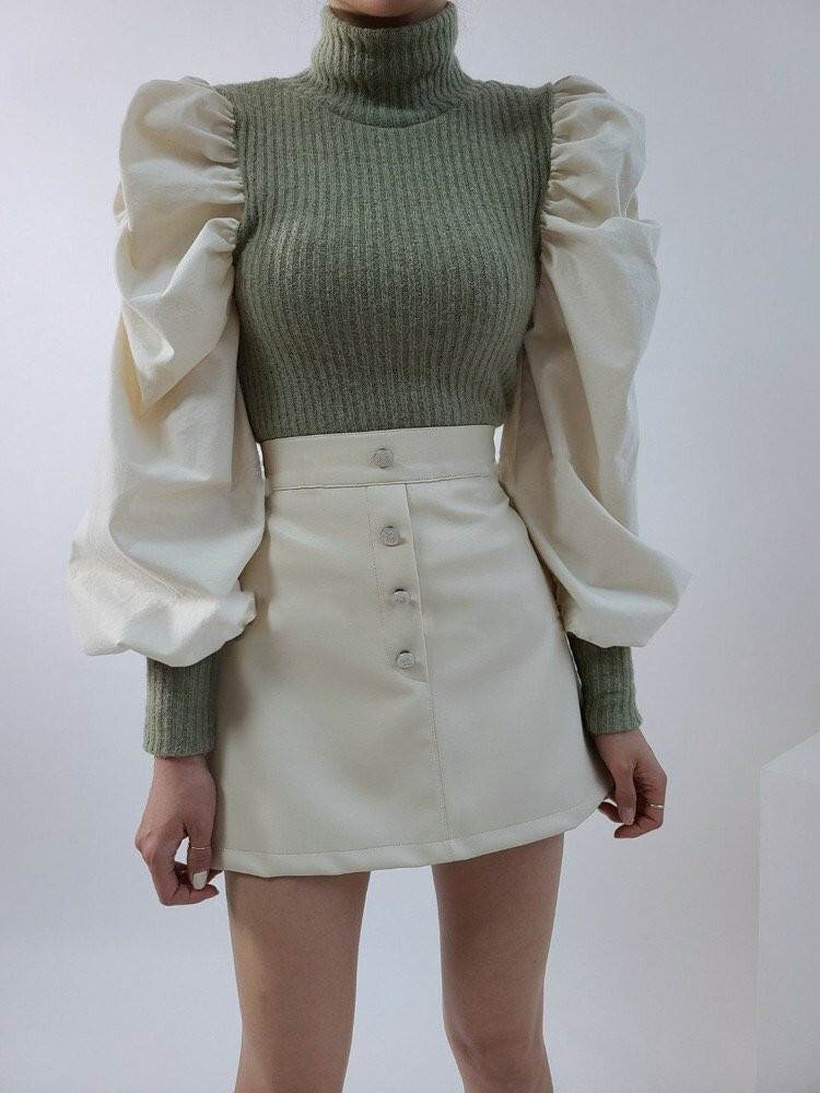 セーター パワーショルダー レディース ドッキング ニット ウール リブ 長袖 パフスリーブ ボリューム ハイネック 細身 暖かい かわいい シンプル カジュアル こなれ感 無地 黒 緑 学生 通 大