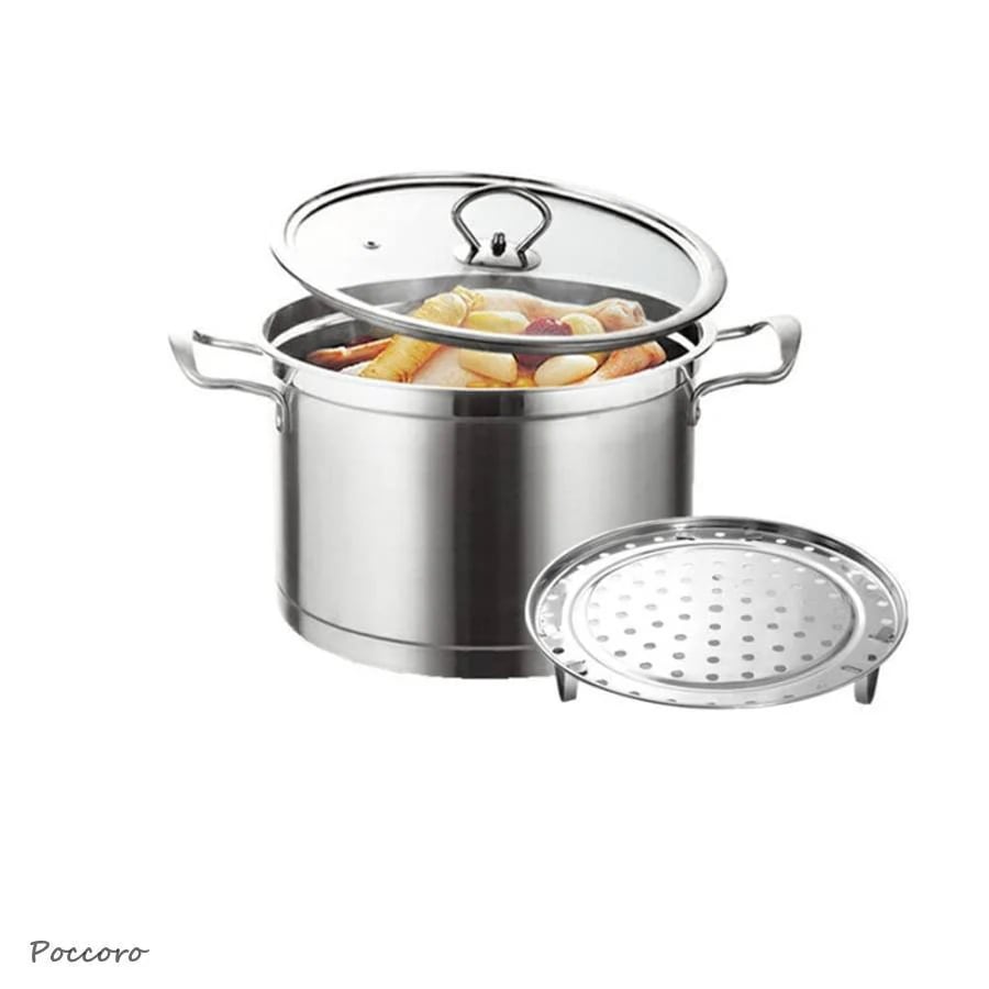 【3日出荷 品質保証】新品追加 両手鍋 シチューポット 煮込み料理 ステンレス製 3層底 IH対応 オール熱源対応 シチューポート 半胴鍋 ガラス鍋蓋付 深型鍋 蒸し片付き (22cm)
