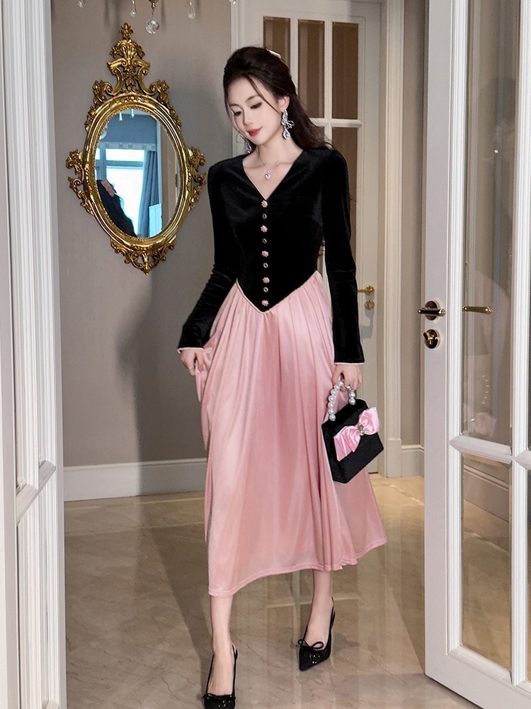 【JY.上品】 ドッキングワンピース ベルベット 秋冬 プリーツ ピンク ドレス パーティー キャバ 大人 同窓会 披露宴 卒業式 結婚式 成人式 ウェディング 二次会 メガ割