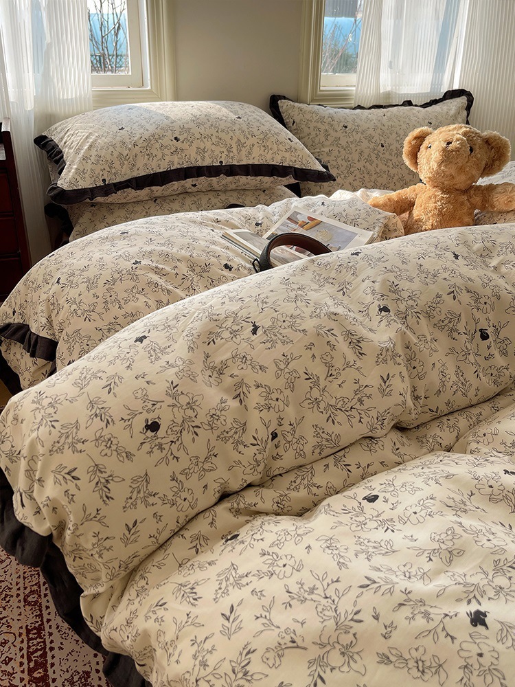 Insインチ小さな新鮮な純粋な綿エッジベッド4ピース4ピースセットオブコットンフレンチベッドキルトカバー寮ベッドリネン3ピースセット