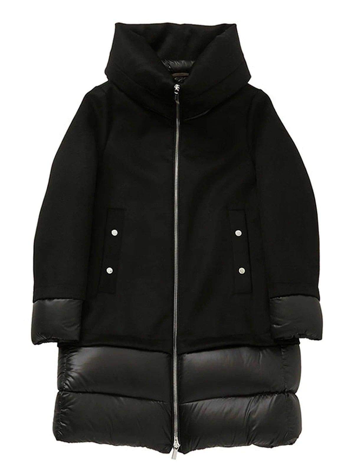 レディース フーデッド ダウンコート ミドル ハイブリッド 異素材切替 NERO (ブラック) SUNRISE-LER U0001