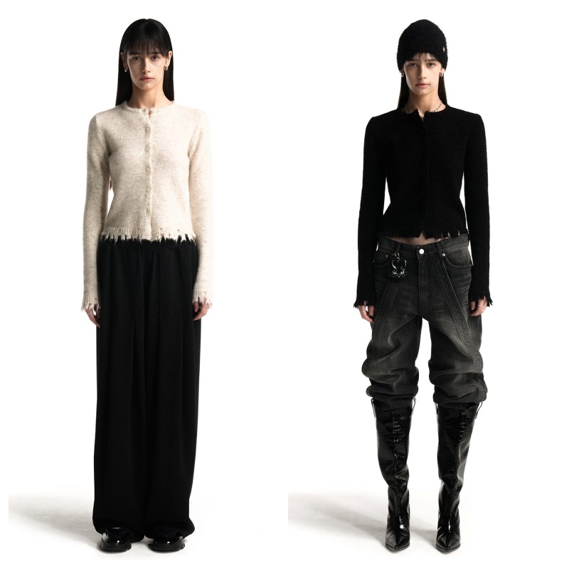 【WOOALONG】 DISTRESSED KNIT ROUND CARDIGAN : 2COLORS