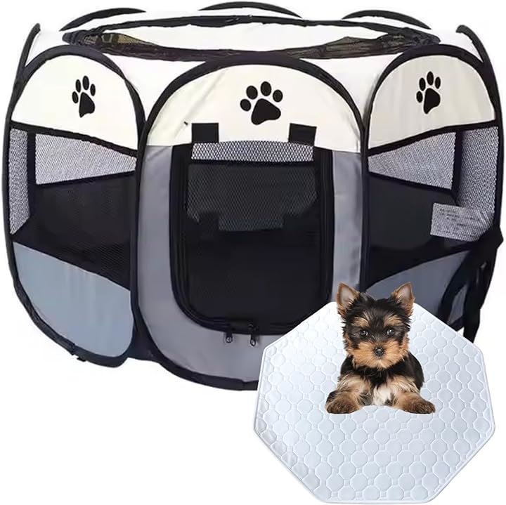 ペットサークル 持ち運び 犬 猫 ケージ 小動物(グレー, Mサイズ:９１ｃｍ(横)ｘ５８ｃｍ（高さ）)