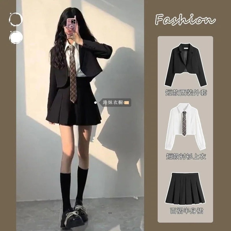 涼しく楽ちんセットアップ レトロショート丈ブレザー3点セット春春冬春ハイウエスト半身スカート長袖シャツトップス キャンパス風 レディース