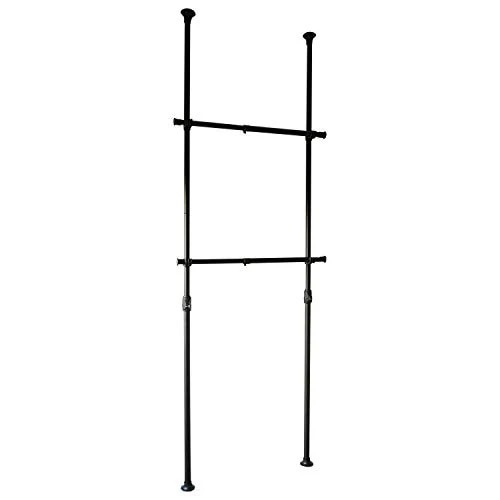 [山善] 突っ張り ポールハンガー ラック 衣類 収納 大容量 かんたん突っ張り(実用新案取得済) 耐荷重60kg 幅60-98cm 組立品 マットブラック WJ-775SM(MBK) ダブル スリム