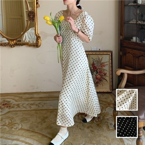 ワンピース カジュアル ロング マキシ丈ワンピ 韓国 ファッション レディース 春 夏 カジュアル コーデ シンプル 定番 セレカジ 20代 30代 40代 2025 ペンタゴンネック ドット