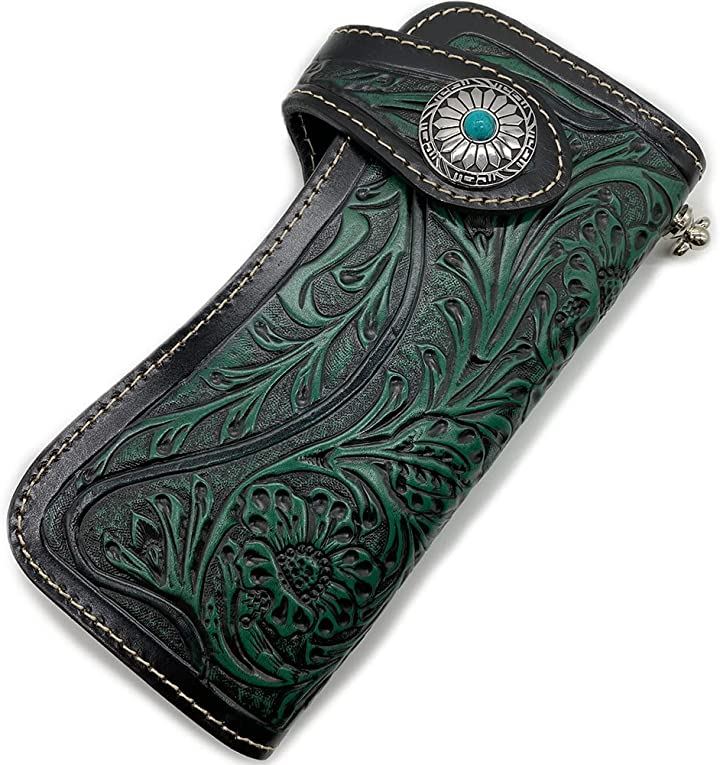 財布 メンズ 長財布 カービンウォレット バイカーズウォレット 本革 熟練職人による手彫り 小銭入れ(Green)