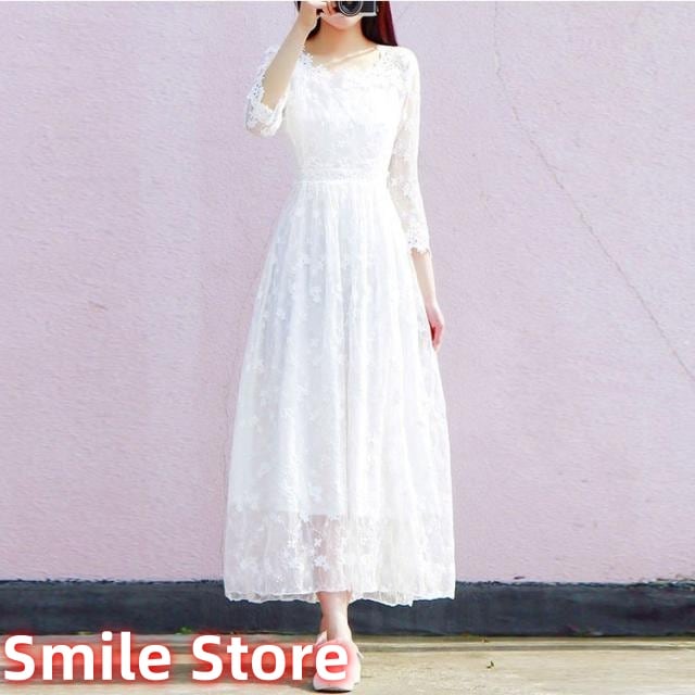レース ホワイト 結婚式 白ワンピース パーティードレス 女性 リゾート夏ロング丈 7分袖 ワンピース レディース 大人 マキシワンピ 謝恩会