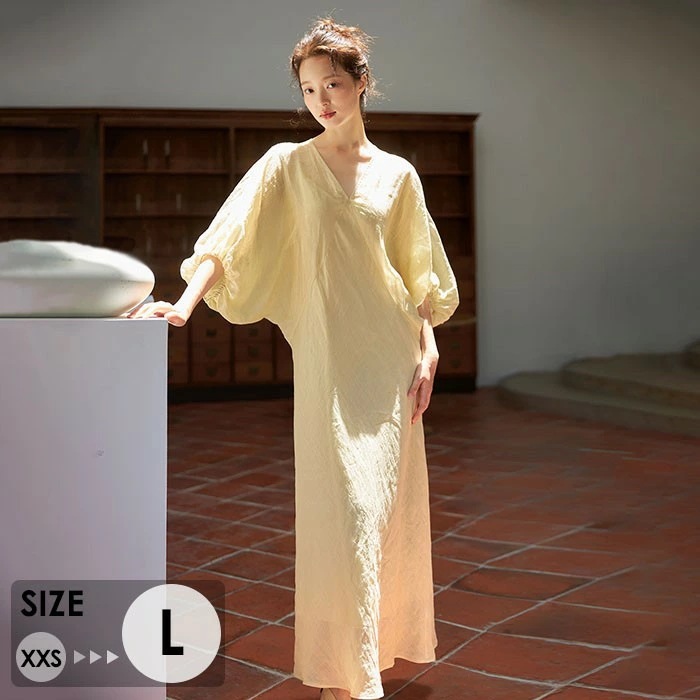 ワンピース 大人可愛い 夏ワンピース ゆるワンピ 夏 小柄 サマー ワンピ レディース 五分袖 Vネック ロング丈 ロングワンピ 大人 体型カバー 旅行 シンプル オシャレ 韓国 無地 20代 30代