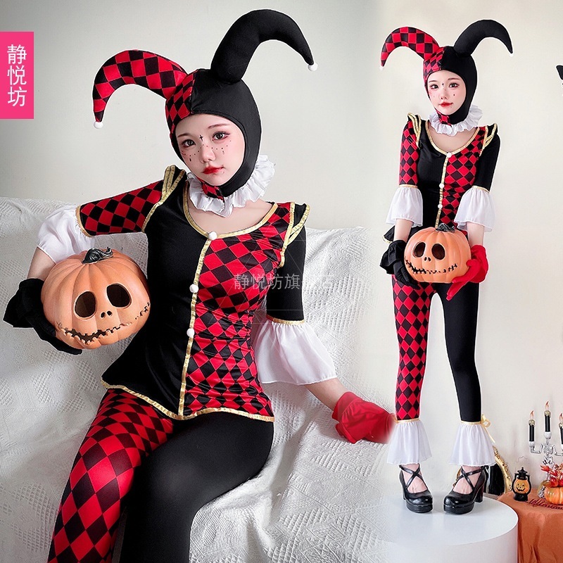 サーカスピエロパフォーマンスコスチュームハロウィン大人悪魔魔女コスチュームコスクイーンコスチューム面白いパフォーマンスコスチューム