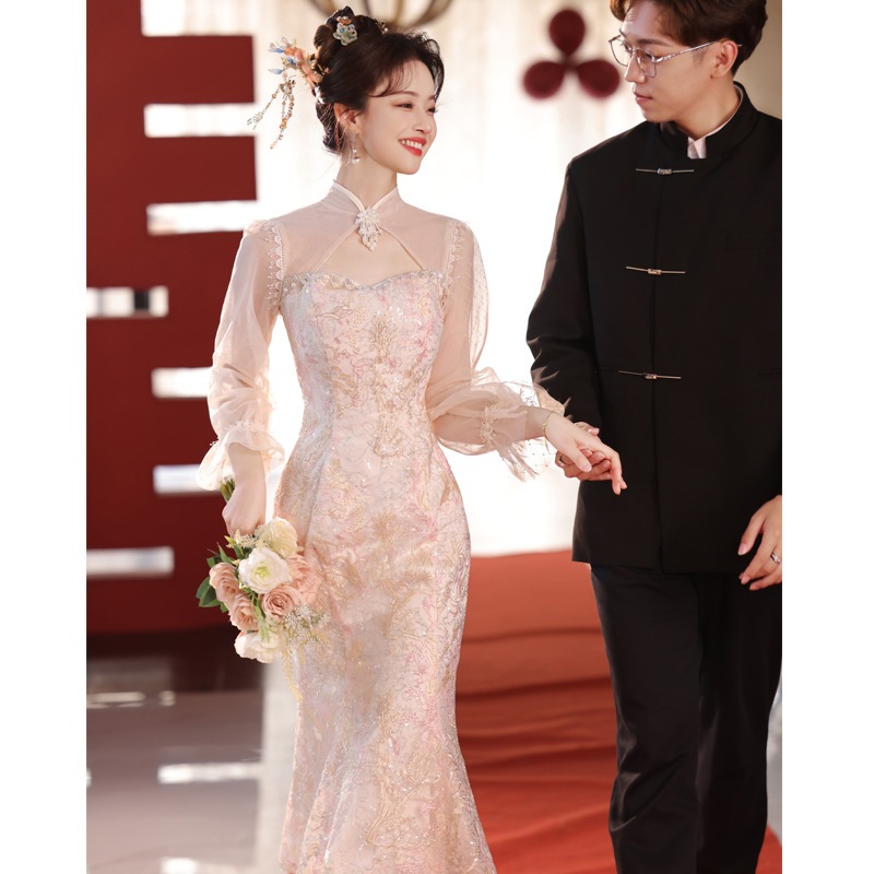 敬酒服娘高级感ピンク婚约服ドレスフィッシュテールドレス结婚小柄夏