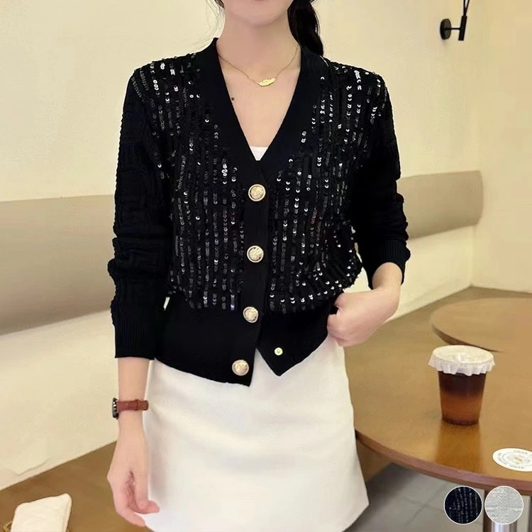 カーディガン レディース スパンコール 韓国 金ボタン Vネック 長袖 ニット ショート丈 クロップド丈 高級 大人 おしゃれ エレガント 白 黒