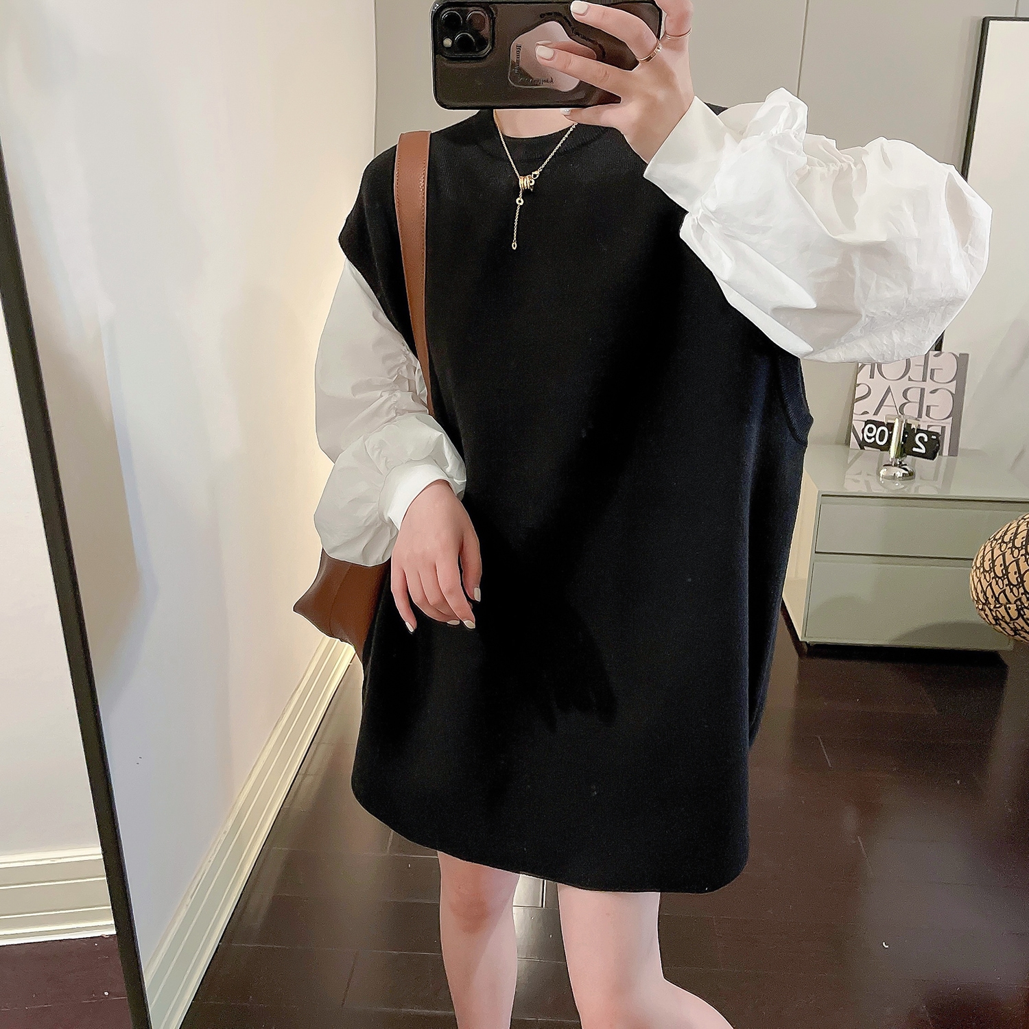 トップス ニットソー チュニック ニットベスト ロング ロング丈 袖なし ノースリーブ ドロップショルダー ラウンドネック 襟なし ストレート ワイド Iライン 伸縮性 ウール 個性的 ブラック