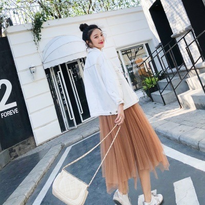 3091.ハイウエストチュールプリーツロングスカート（ブラウン）