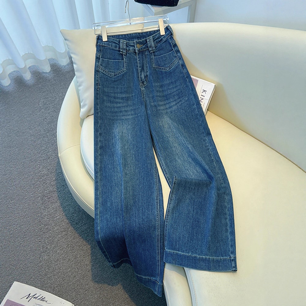 との女性用ブルーストレートジーンズスタイルレトロドレープルーズ9分パンツワイドレッグパンツ