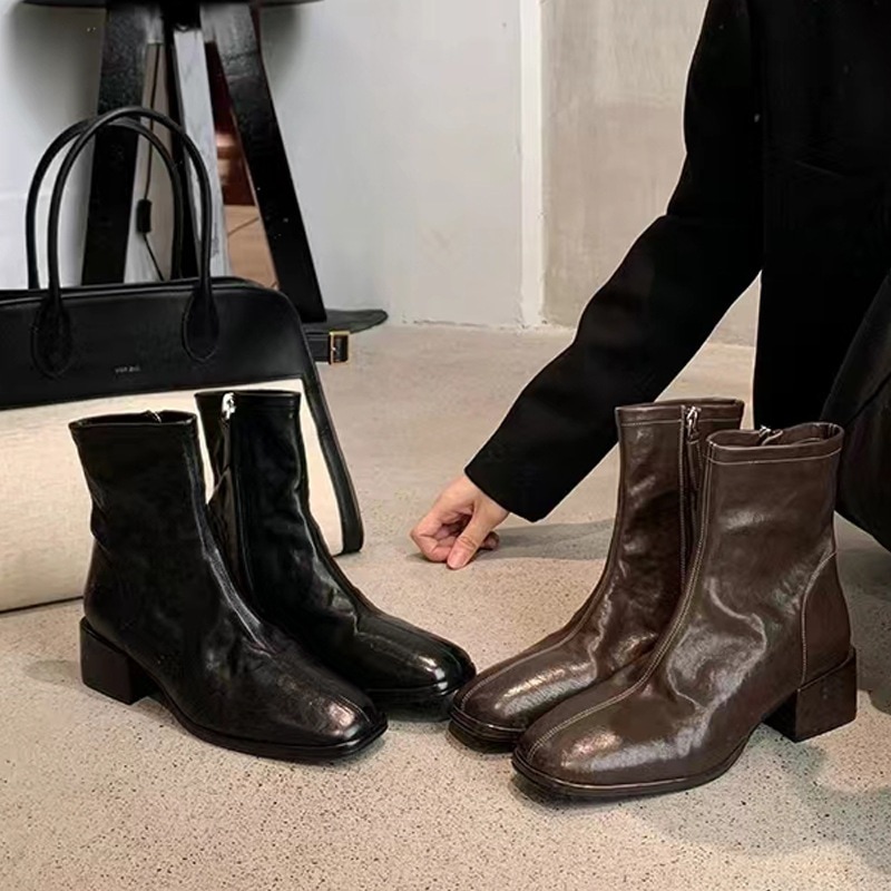 グレープママの韓国お姉さん秋冬新作スクエアトゥウォッシュドホースハイドスリムショートブーツ太ヒールマーティンブーツ女性用