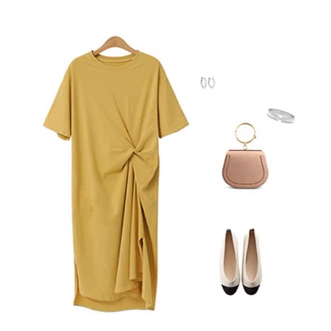 ワンピース ワンピドレス ロング ロング丈 袖あり 半袖 ラウンドネック 襟なし セミフレア Aライン スリット サイドスリット ハイウエスト 綿 かわいい 大人可愛い きれいめ シンプル 上品