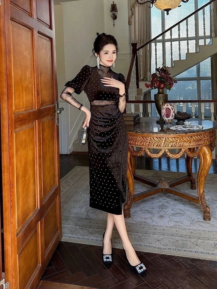 【JY.上品】 秋冬 レース ワンピース 水玉 スリット パーティードレス キャバ 着痩せ 大人 お呼ばれ 同窓会 披露宴 卒業式 結婚式 ウェディング 二次会30%までに制限