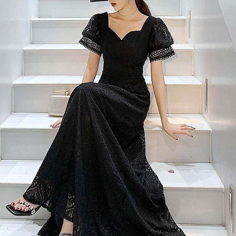 New type追加！ドレス レディース パーティードレス フォーマルドレス カジュアルドレス ドレスワンピース ロング Aライン 袖あり 半袖 パフスリーブ シースルー 総レース レース ハートネッ