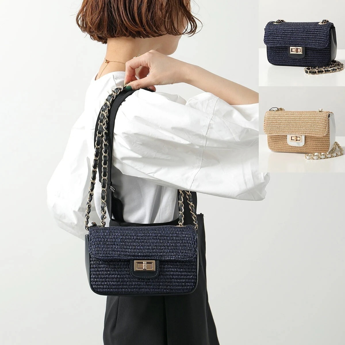 andrea cardone アンドレアカルドネ ショルダーバッグ 1690S レディース ラフィア×レザー クロスボディ ミニバッグ ポシェット 鞄 カラー2色