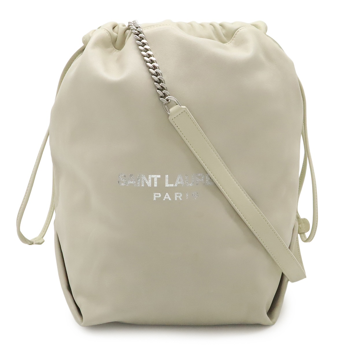 YSL イブサンローラン TEDDY POCHON テディ ショルダーバッグ 巾着 レザー アイボリー 53844