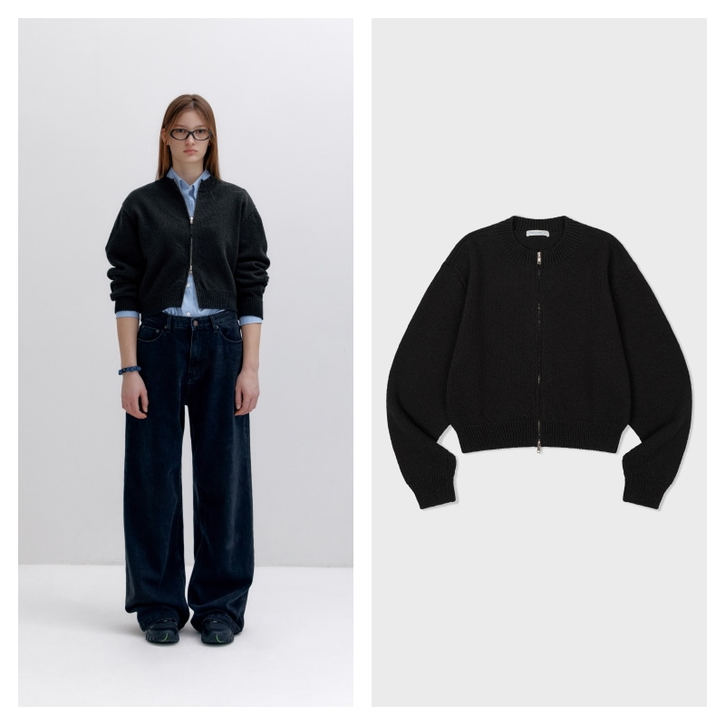 【LOW CLASSIC】 COTTON ZIP-UP CARDIGAN : BLACKカーディガン
