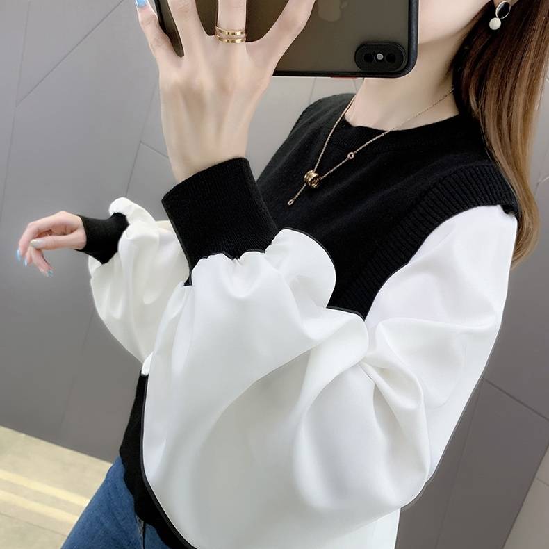 切り替え トップス レディース 3色 シャツ ブラウス クルーネック 長袖 襟付き ニット ベスト フェイクレイヤード 重ね着 パフスリーブ こなれ感 かっこいい 華やか 春 秋 冬S M L XL