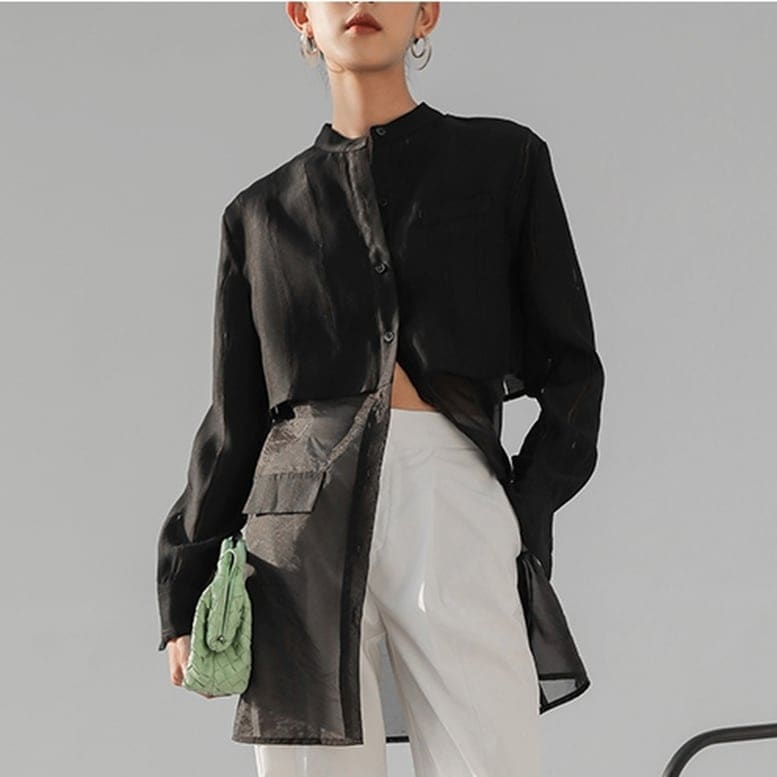 レディース バンドカラードッキングシアーシャツ シースルー トップス シャツ ブラウス