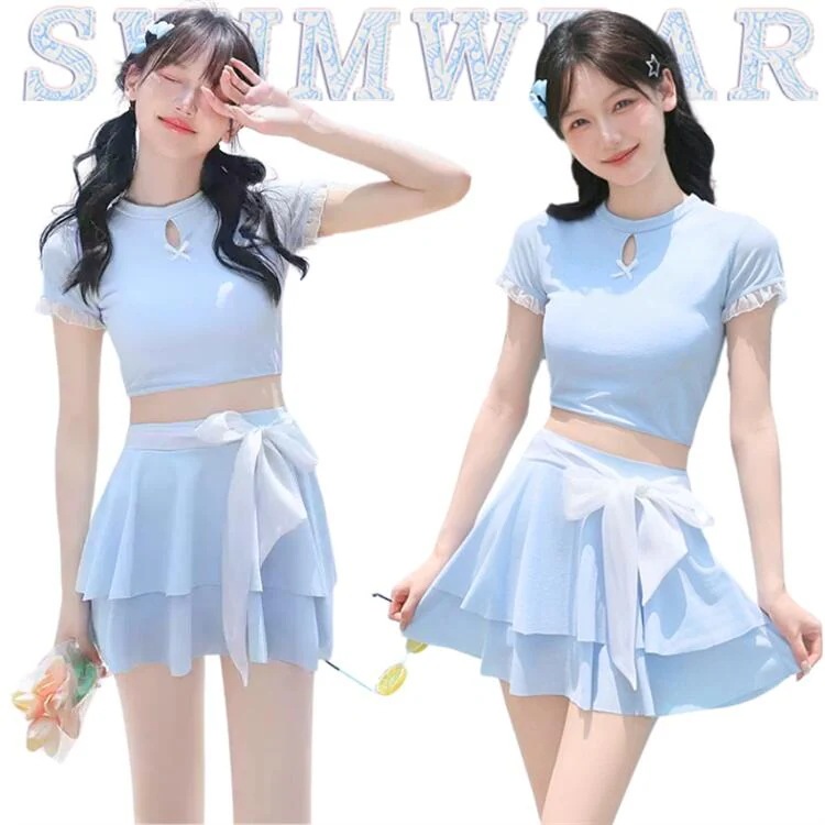 水色 水着 タンキニ 体型カバー スカート セパレート 2点セット 無地 韓国 水着 リボン飾り 可愛い 高校生 洋服見え 露出控え 水着 レディース かわいい パッド ワイヤレス 安全パンツ付 温泉