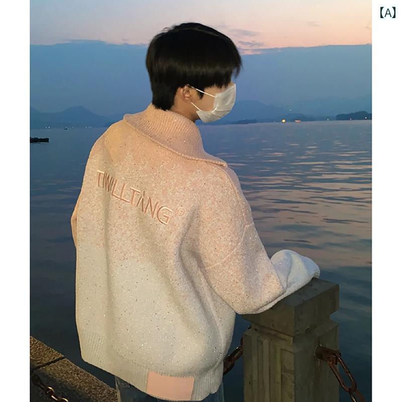 セーター メンズ ニット トップス 秋冬 ハーフジップ グラデーション ファッション タートルネック ピンク 韓国