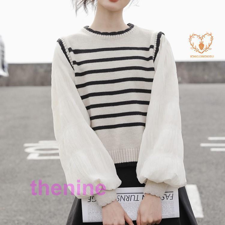 安い商品 今日だけ ボーダー ニット 長袖 切替え パフスリーブ トップス セーター レイヤード風 重ね着風 丸首 クルーネック おしゃれ 可愛い レディース 韓国ファッション 3枚購入で350円OF