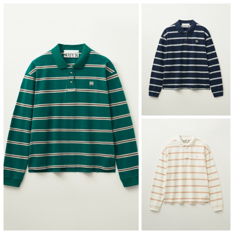 【SATUR】 STRIPE PIQUE POLO LONG SLEEVE : 3COLORS
