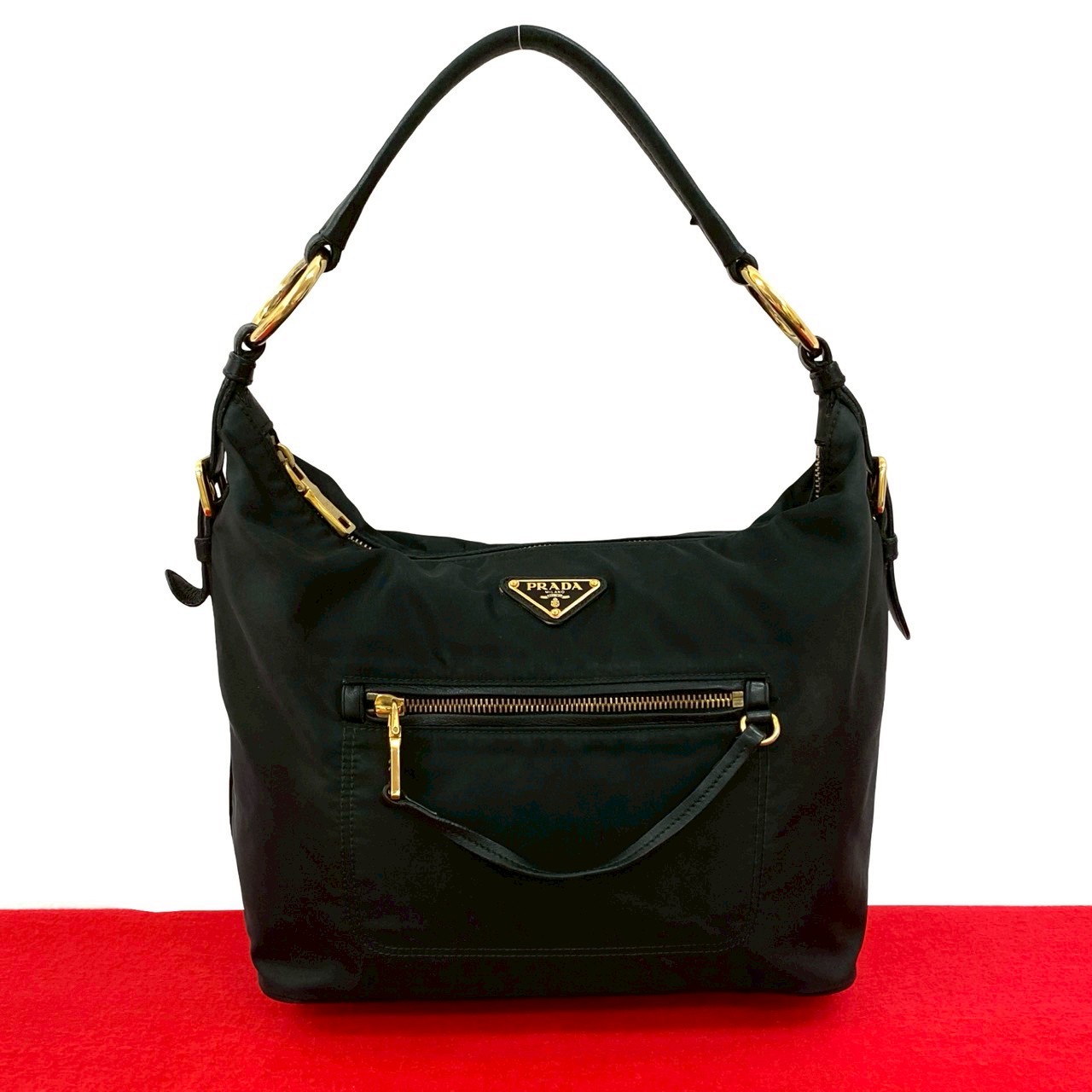 三角ロゴ 金具ショルダーバッグ ナイロン レザー ブラック 47342