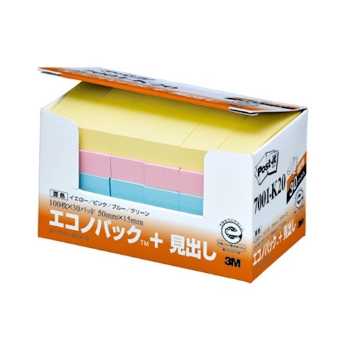 （まとめ買い）ポストイット エコノパック リサイクル紙ふせん 見出し 50x15mm 100枚x30パッド（4色混色） 7001-K20 [x3]