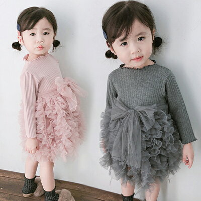ニットワンピース女の子チュールワンピースキッズ切り替えワンピlースドッキングベビーチュチュ膝丈ワンピースチュール子ワンピースティアードワンピース子服ウエストマーク秋春秋入学入園卒園式入学式