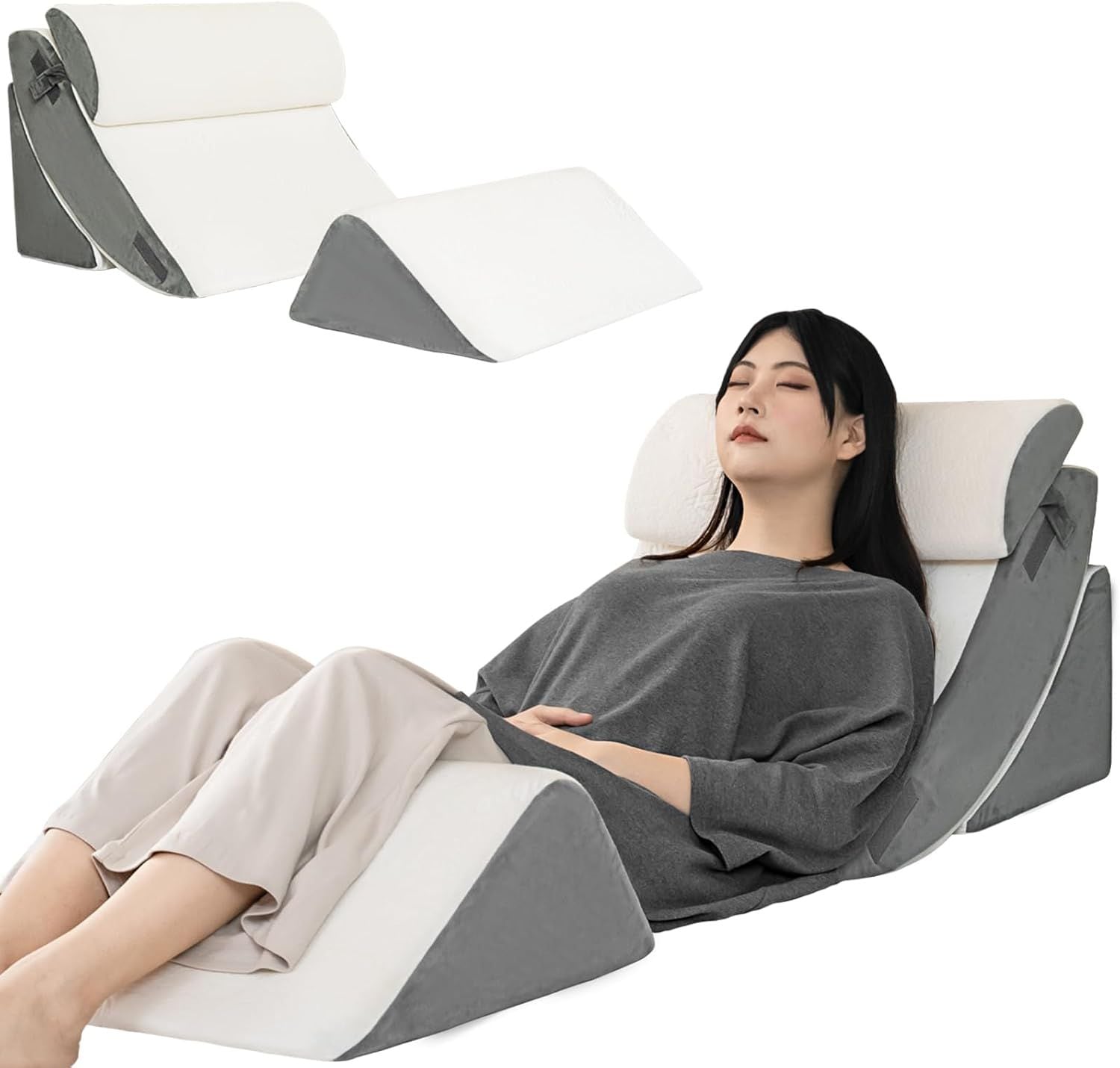 高反発 傾斜枕 三角枕 なだらか テレビクッション TV枕 足枕付き 高さ調節可能 通気防菌 読書用 逆流性食道炎 枕 安眠サポート プレゼント カバー洗える (グレー&ホワイト)