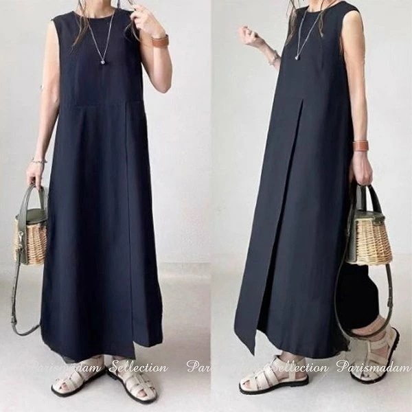 「品質良い」ブラックロングワンピース　Aライン　ノースリーブ　ワンタックスカート　ラウンドネック　マキシ丈ワンピース ほっそり効果大女子会 20代30代40代50代60代