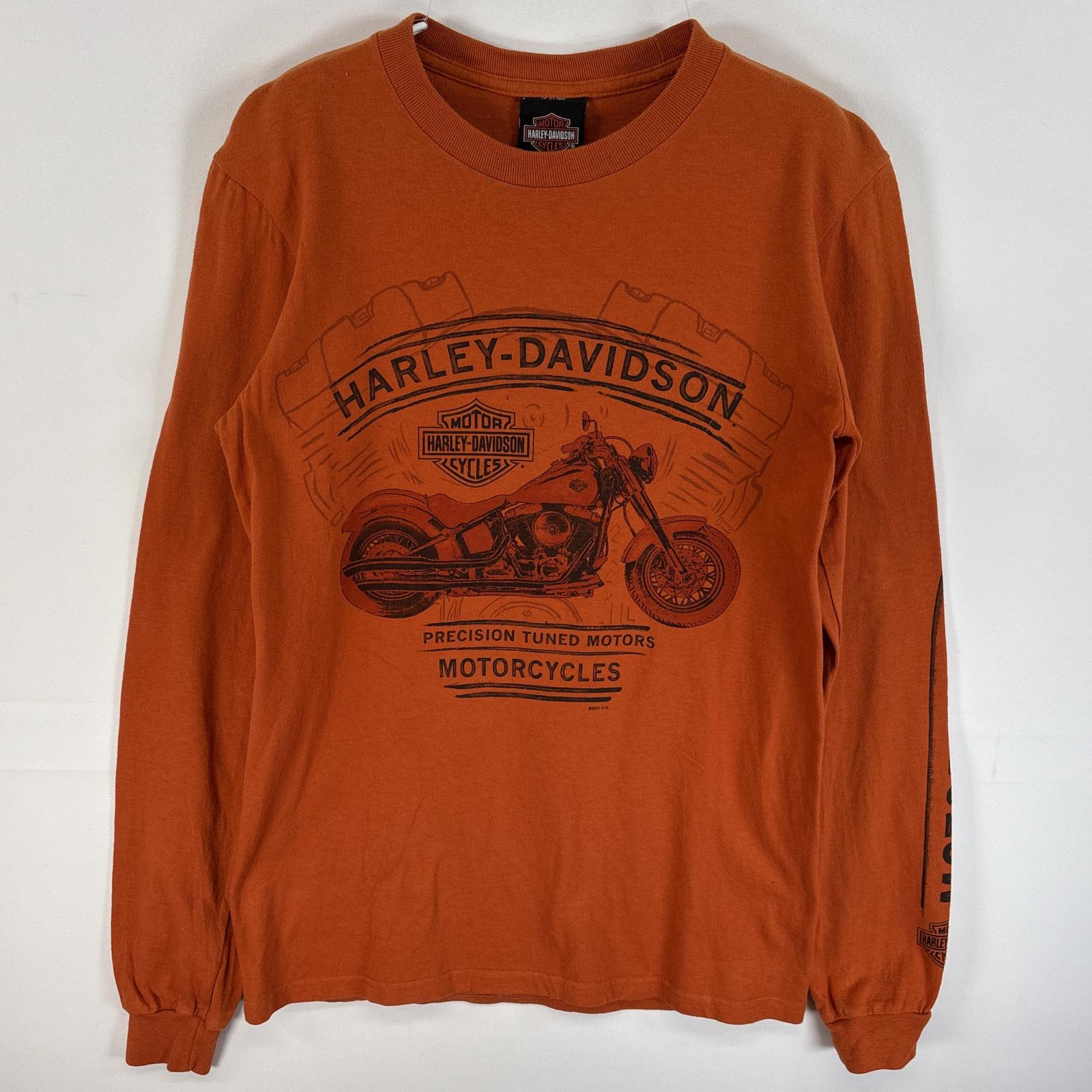 古着 長袖Tシャツ 両面 ラバープリント バイク 袖プリント S オレンジ系 メンズ