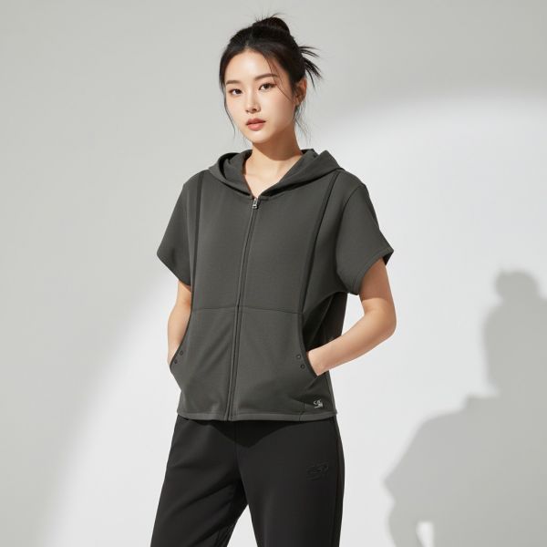[Cheongha PICK](Women) Utility Training Short-Sleeve Hooded Zip-Up_Charcoal