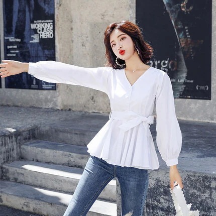 シャツ ブラウス カットソー レディース 長袖 ランタンスリーブ ウエストマーク フリル かわいい 大人可愛い きれいめ 無地 春 秋 ママ 学生 デート お出かけ ホワイト ブルー トップス