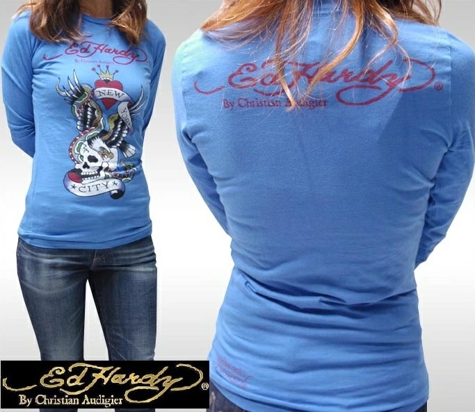 セール エドハーディー レディース ロンT 200種類の品揃え Ed Hardy NYC ニューヨーク ブルー トップス 長袖 Tシャツ エドハーディー 正規品 LAセレブ サファリ ファッ