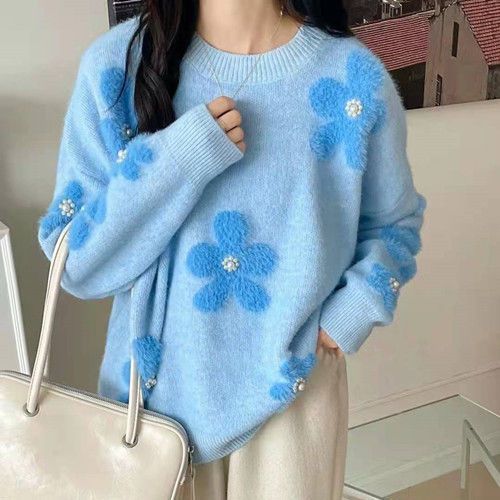 3oo円FF】ニット セーター トップス デザイン感 可愛い レディース服 大人可愛い 長袖ブラウス パール 韓国ファッション