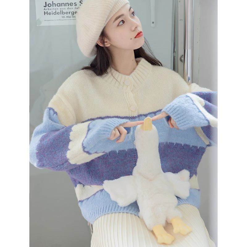 アウター トップス レディース ニットカーディガン セーター 長袖 前開き ラウンドネック クルーネック ボタン マルチボーダー 大人可愛い シンプル カジュアル ベーシック ナチュラル おしゃれ お