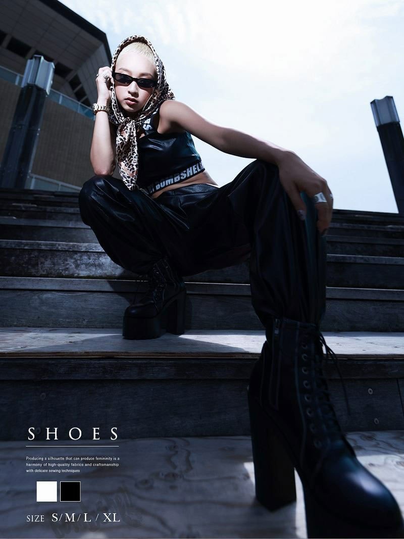 ブーツ ダンスシューズ 厚底ブーツ レースアップブーツ 編み上げブーツ ショート丈 太ヒール ハイヒール フェイクレザー ラウンドトゥ 美脚 モード系 bombshell