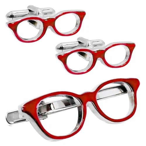 SWANK カフス ネクタイピン セット 赤ぶちメガネ カフスボタン カフリンクス タイバー タイクリップ