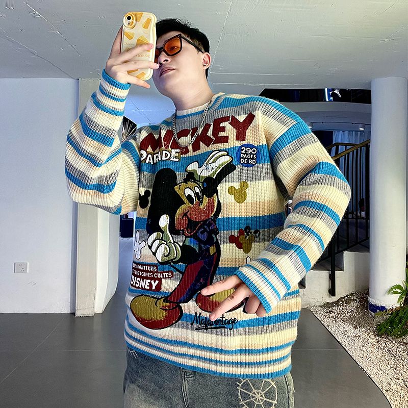 大好評 秋冬の厚いミッキー漫画のプリントセーター男女のゆったりとしたアメリカのレトロで怠惰なカップルが色のニットにぶつかった特売